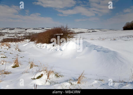 Schneeverwehungen auf einem Fußweg auf Langford, in der Nähe des Dorfes hängenden Langford in Wiltshire. Stockfoto