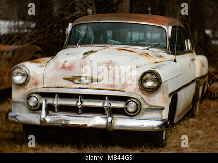 1953 Chevrolet Bel Air 2-türige Limousine, in einem Waldgebiet, in Noxon, Montana dieses Bild mit einem antiken Petzval objektiv geschossen wurde und sie Zeichen der di Stockfoto