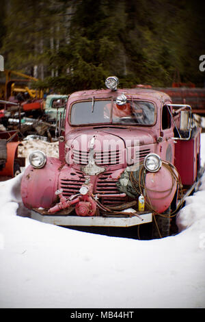 Ein verblasstes Rot 1941 Dodge fire truck, hinter eine Scheune, in einem bewaldeten Gebiet der Noxon, Montana. Dieses Bild wurde mit einem antiken Petzval objektiv geschossen und zeigen Stockfoto