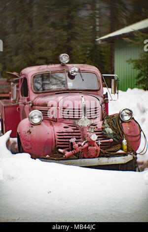 Ein verblasstes Rot 1941 Dodge fire truck, hinter eine Scheune, in einem bewaldeten Gebiet der Noxon, Montana. Dieses Bild wurde mit einem antiken Petzval objektiv geschossen und zeigen Stockfoto