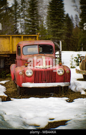 Die Front eines roten 1942 Ford stepside Pickup Truck, in einem Waldgebiet, in Noxon, Montana. Dieses Bild wurde mit einem antiken Petzval objektiv geschossen und wird Sh Stockfoto