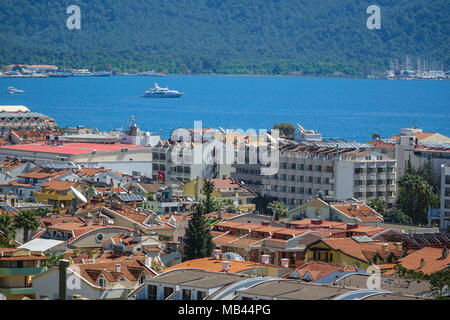 Die Stadt Marmaris, Mugla, Türkei, von oben gesehen. Stockfoto