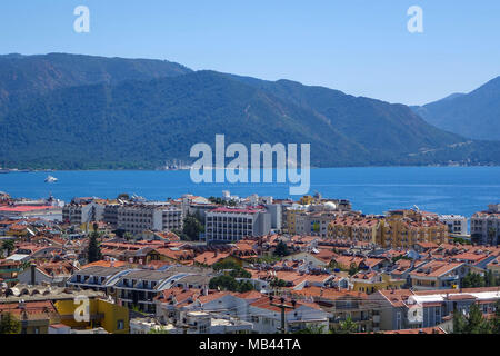 Die Stadt Marmaris, Mugla, Türkei, von oben gesehen. Stockfoto