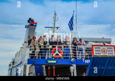 Dodekanes Express Katamaran Ankunft im Hafen von Kos Habor, von Rhodos Stockfoto