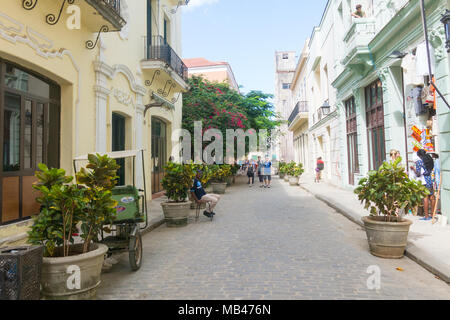 Havanna, Kuba - Januar 16, 2017: Touristen zu Fuß in einer täglichen Szene in der Altstadt von Havanna, an einem sonnigen Tag. Havanna, Kuba Stockfoto