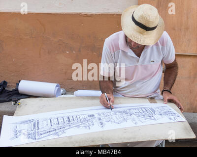 Havanna, Kuba - Januar 16, 2017: Straße Illustrator, Zeichnung der Platz der Kathedrale von Havanna. Städtische Szene in der Altstadt von Havanna, Havanna, Kuba Stockfoto