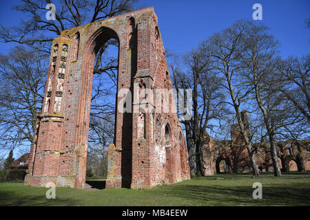 06 April 2018, Deutschland, Greifswald: Torbögen der Klosterruine Eldena. Das Kloster wurde von Mönchen 1199 gegründet und war bis zum 15. Jahrhundert erweitert. Das Kloster erlitt schwere Schäden während des Dreißigjährigen Krieges. Um 1800, der Maler C.D.Friedrich verwendet die Ruinen als Motive in seinen Gemälden. Foto: Stefan Sauer/dpa-Zentralbild/ZB Stockfoto