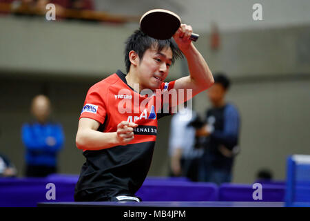 Yokohama kulturellen Gymnasium, Kanagawa, Japan. 7 Apr, 2018. Kouki Niwa (JPN), 7. APRIL 2018 - Tischtennis: 31 LION ITTF ATTU Cup Yokohama 2018 Herren Einzel 5-8 TH Entscheidungsspiel im Yokohama kulturellen Gymnasium, Kanagawa, Japan. Quelle: LBA SPORT/Alamy leben Nachrichten Stockfoto