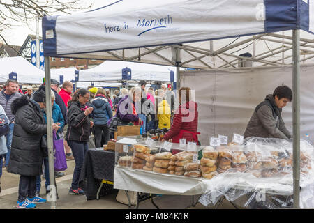 Die 51Th Northumbrian Versammlung in Morpeth Northumberland, Großbritannien im April 2018. Lokal produzierte Waren für Verkauf an den Ständen. Stockfoto