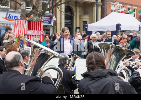 Die 51Th Northumbrian Versammlung in Morpeth Northumberland, Großbritannien im April 2018. Eine Brass Band unterhält. Stockfoto