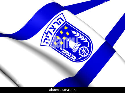 3D-Flagge von Herzliya, Israel. 3D-Darstellung. Stockfoto