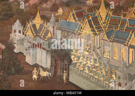 Kunstvolle und sehr detaillierte Kunstwerken, historische und Buddhistische Geschichten, die in der Grand Palace in Bangkok, Thailand. Stockfoto