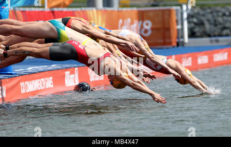 England's Vicky Holland (vorne) taucht in das Wasser zu Beginn des gemischten Team Staffel Triathlon Finale bei den Southport Broadwater Parklands bei Tag drei der Commonwealth Games 2018 in der Gold Coast, Australien. Stockfoto