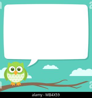 Eine süße kleine Eule sitzen auf einem Ast mit einer Sprechblase etwas Text zu enthalten. Die Datei ist vielschichtig und einfach zu bearbeiten. Stock Vektor