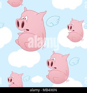 Eine nahtlose Muster von Cartoon Schweine fliegen durch die Himmel mit Wolken. Stock Vektor