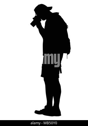 Ständigen Fotograf Silhouette mit einem Rucksack auf weißem Hintergrund, Vector Illustration Stock Vektor