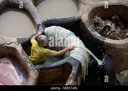 Arbeiter in einer Gerberei, Fes, Marokko Stockfoto