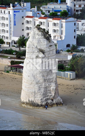 Pizzomunno, Kalkfelsen am Strand, Sehenswürdigkeiten von Vieste, Gargano, Provinz Foggia, Apulien, Italien Stockfoto