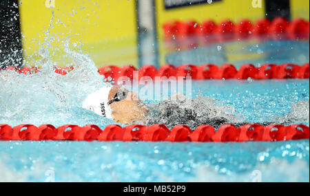 Kanadas Kylie Masse konkurriert in 100 der Frauen m Ruecken Endrunde an der Gold Coast Aquatic Center bei Tag drei der Commonwealth Games 2018 in der Gold Coast, Australien. Stockfoto