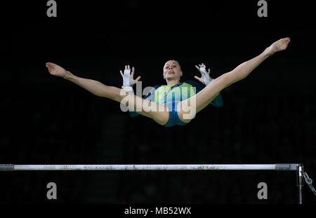 Australiens Georgia-Rose Braun auf der Stufenbarren in einzelnen All-Round Final der Frauen an der Coomera Sporthalle am Tag drei der Commonwealth Games 2018 in der Gold Coast, Australien. Stockfoto