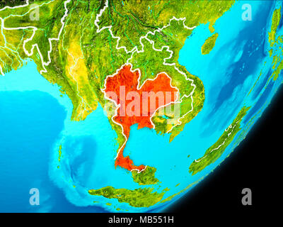 Karte von Thailand in Rot vom Platz auf dem Planeten Erde mit weißen Grenzen gesehen. 3D-Darstellung. Elemente dieses Bild von der NASA eingerichtet. Stockfoto