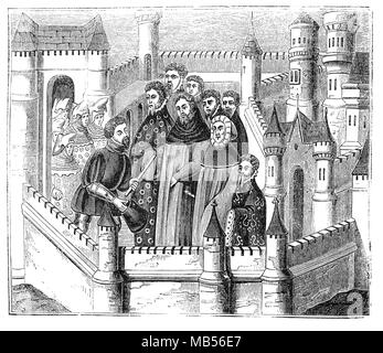 Ein Treffen am 29. September 1399, zwischen Richard II (1367 - 1400) und Henry Bolingbroke später Heinrich IV (1367 - 1413), die im Tower von London stattfand, einen Tag vor der Sitzung des Parlaments, in dem Richard seine Krone bereitwillig und seiner Aussage seine eigene Unwürdigkeit als Monarch zitieren ratifiziert. Stockfoto