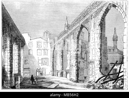 St. Stephen's Kapelle Ruinen, nach dem Brand, dass der Palast von Westminster am 16. Oktober 1834 zerstört. Während die Kapelle verstreut sind Stücke von Mauerwerk aus dem zerstörten Haus der Commons (ehemals St Stephen's Kapelle) oben. Beim Bau des neuen Palast von Westminster gab es viel Diskussion darüber, ob der Platz als Kapelle wieder. Stockfoto