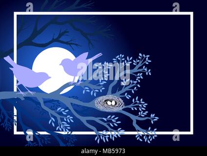 Das florale Muster mit Silhouetten der Vögel auf Zweig und Nachthimmel mit Mondlicht. Vector Illustration. Stock Vektor