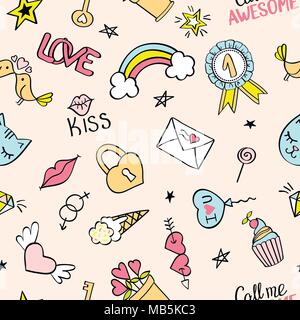 Nahtlose Muster mit Hand gezeichnet girly doodles. Wiederholen Hintergrund mit kindischen Skizze Gestaltungselemente für Textilien, Tapeten, scrapbooking. Stock Vektor