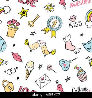 Nahtlose Muster mit Hand gezeichnet girly doodles. Wiederholen Hintergrund mit kindischen Skizze Gestaltungselemente für Textilien, Tapeten, scrapbooking. Stock Vektor