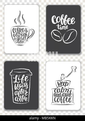 Satz von modernen Karten mit Kaffee Elemente und Schriftzug. Trendy hipster Vorlagen für Flyer, Einladungen, Menü Design. Schwarz und Weiß grunge Konturen Stock Vektor