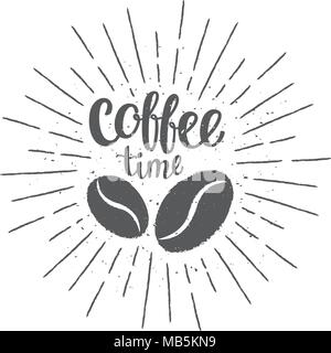 Monochrome vintage kaffee zeit Schriftzug mit Silhouette von Kaffeebohnen und Sonnenstrahlen. Vector Illustration für trinken und trinken Menü oder Cafe Thema, Stock Vektor