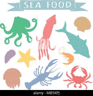 Meeresfrüchte handgezeichnete farbige Vektorgrafiken auf weißem Hintergrund, Elemente für Restaurant Menü Design, Dekor, Label. Vintage Silhouetten Stock Vektor