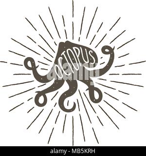 Monochrome Hand gezeichnet vintage Label, retro Abzeichen mit strukturierter Silhouette von Octopus. Stock Vektor