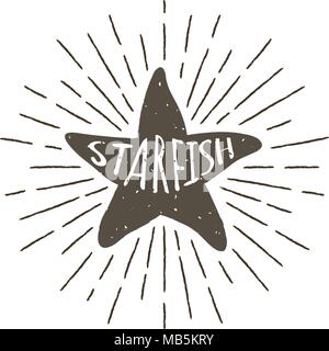 Monochrome Hand gezeichnet vintage Label, retro Abzeichen mit strukturierter Silhouette der Seesterne. Stock Vektor
