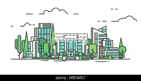 Stadt mit Gebäuden, Wolkenkratzer und Bäume von Park. Bank oder große Gebäude im Stadtzentrum. Flat Style line Vector Illustration. Business Zentrum w Stock Vektor