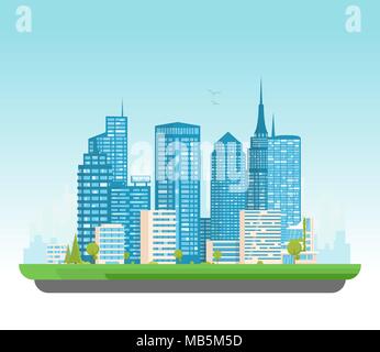 Stadt gebäude Vector Illustration. Kleines Gebäude, große Wolkenkratzer und große Stadt hohen Wolkenkratzern auf Hintergrund. Urban Street mit Park und Bäumen ne Stock Vektor