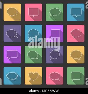 Sprechblasen Flachbild-Symbole mit langen Schatten gesetzt. Stock Vektor