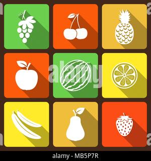 Früchte und Beeren Flachbild-Symbole mit langen Schatten Stock Vektor
