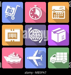 Logistische Flachbild-Symbole mit langen Schatten Stock Vektor