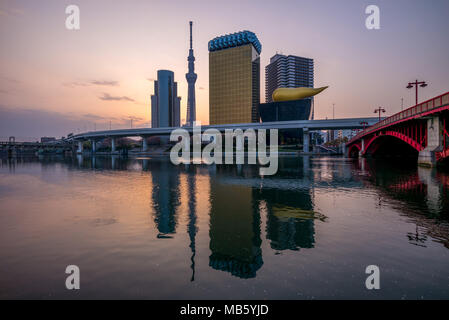 Skyline von Tokyo City durch den Fluss in der Dämmerung Stockfoto