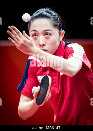 Singapurs Yu Mengyu konkurriert, während die Frauen Halbfinale bei Oxenford Studios während der Tag vier der 2018 Commonwealth Games in der Gold Coast, Australien. Stockfoto