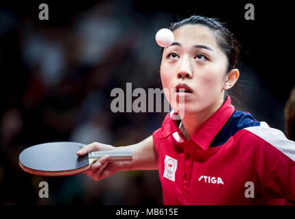 Singapurs Yu Mengyu konkurriert, während die Frauen Halbfinale bei Oxenford Studios während der Tag vier der 2018 Commonwealth Games in der Gold Coast, Australien. Stockfoto