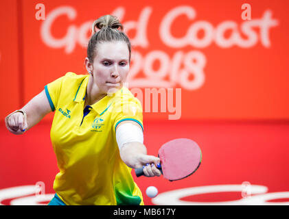 Australiens Melissa Tapper konkurriert, während die Frauen Halbfinale bei Oxenford Studios während der Tag vier der 2018 Commonwealth Games in der Gold Coast, Australien. Stockfoto