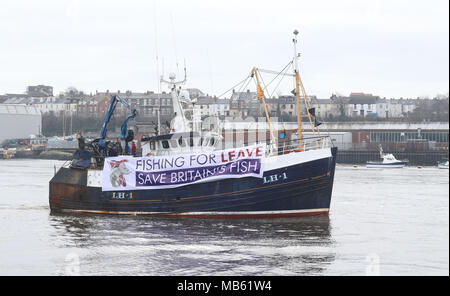 Eine Flotte von Fischerbooten verlassen South Shield Fisch Kai, in der Nähe von Newcastle in einem Protest, nach Kampagne organisiert für eine unabhängige Großbritannien und die Fischerei verlassen, gegen das Abkommen, das Sehen wird die britische Gehorsam gegen die gemeinsame EU-Fischereipolitik für die Übergangszeit von Brexit. Stockfoto