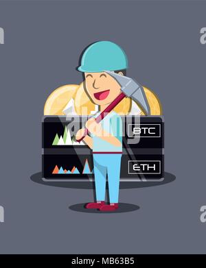 Bergbau cryptocoins Design mit cartoon Mann hält eine Pica-Werkzeug über die blauen Hintergrund, farbenfrohen Design. Vector Illustration Stock Vektor
