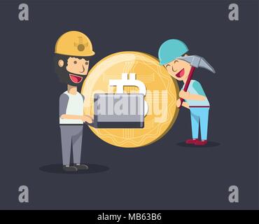 Bergbau cryptocoins und Cartoon Mann, ein Laptop und ein anderer Mann mit bitcoin Münze über schwarzer Hintergrund, farbenfrohen Design. Vector Illustration Stock Vektor