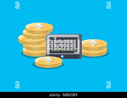 Tablet und Stapel von cryptocoins über blauen Hintergrund, farbenfrohen Design. Vector Illustration Stock Vektor