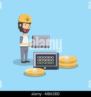 Cartoon Mann mit Laptop und cryptocoins um über blauen Hintergrund, farbenfrohen Design. Vector Illustration Stock Vektor