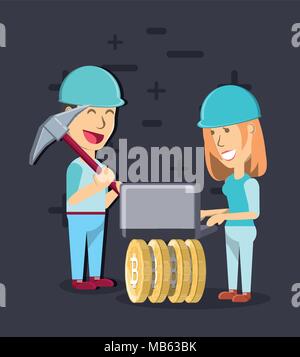 Cartoon Mann und Frau mit cryptocoins über schwarzer Hintergrund, farbenfrohen Design. Vector Illustration Stock Vektor